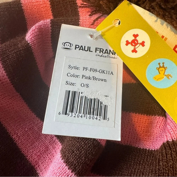 NWT RARE Y2K Paul Frank Kids Pink and Brown  Striped Beanie Hat Brim Pom Pom - Picture 6 of 9